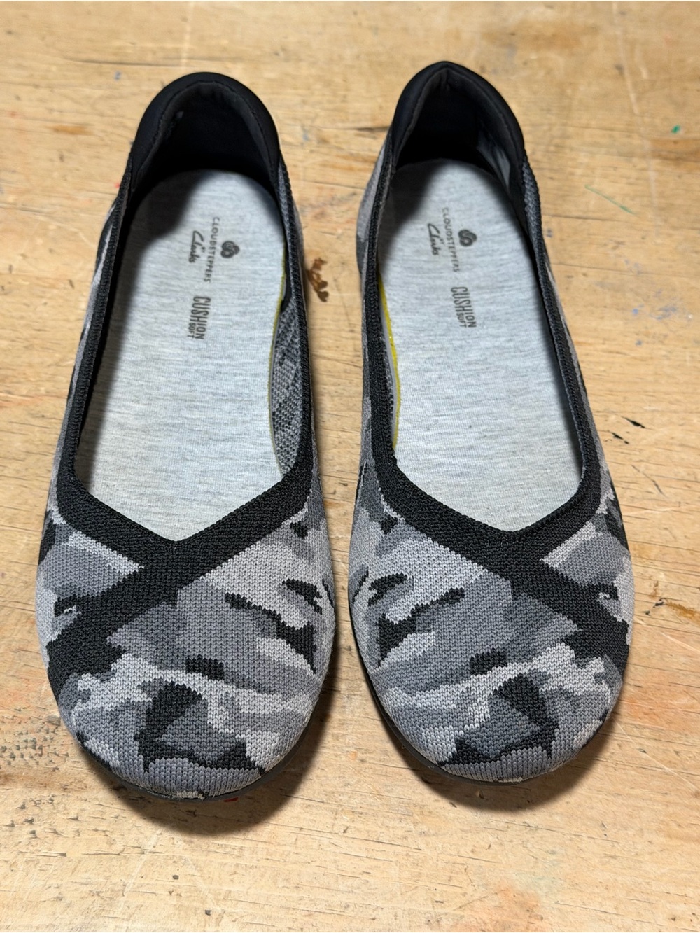 Clarks Gray and Black Camo Knit Slip-On Flats